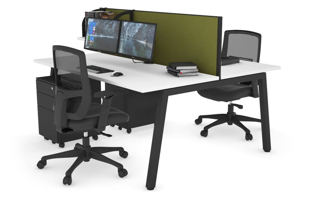 Quadro 2 Person Office Workstation [1800L x 700W]-black leg white green moss (500H x 1800W)