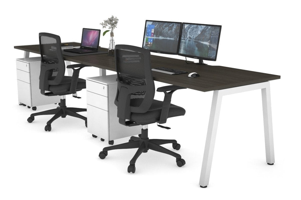 Quadro 2 Person Run Office Workstation [1400L x 800W with Cable Scallop]-white leg dark oak 