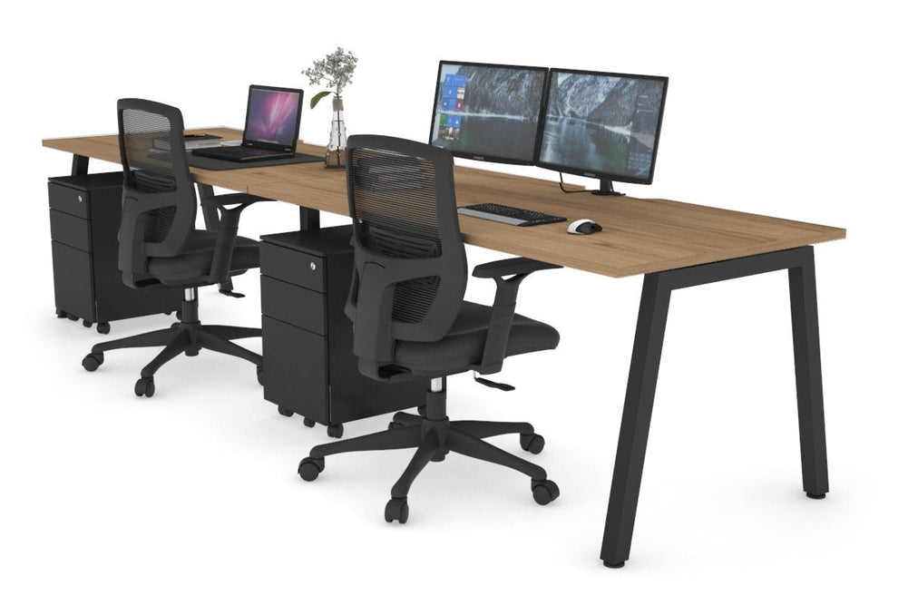 Quadro 2 Person Run Office Workstation [1400L x 800W with Cable Scallop]-black leg salvage oak 