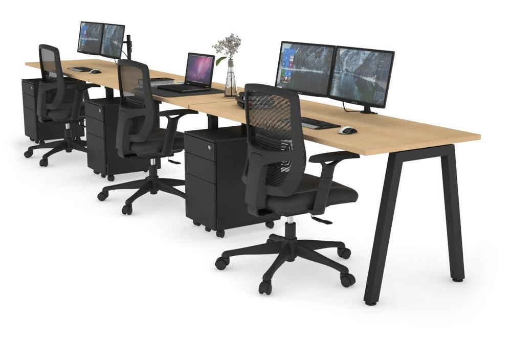 Quadro 3 Person Run Office Workstation [1200L x 700W]-black leg maple 