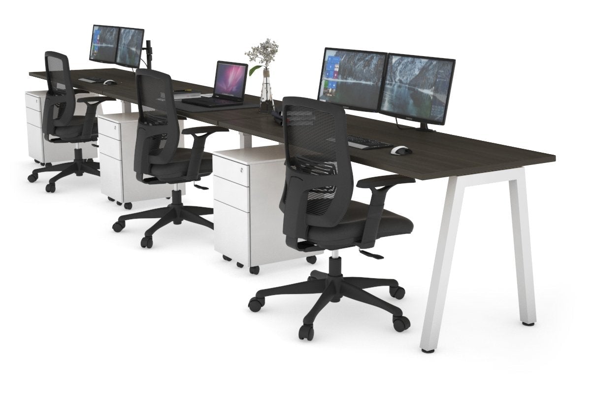 Quadro 3 Person Run Office Workstations [1200L x 700W] Jasonl white leg dark oak 