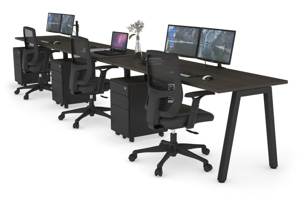 Quadro 3 Person Run Office Workstation [1200L x 700W]-black leg dark oak 