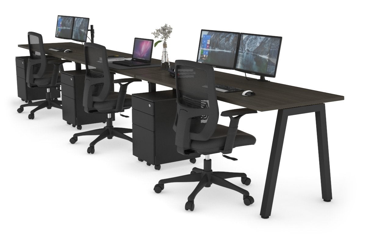 Quadro 3 Person Run Office Workstations [1200L x 700W] Jasonl black leg dark oak 