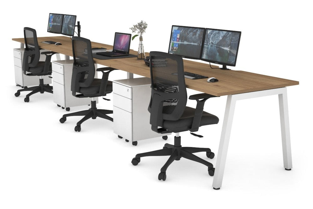 Quadro 3 Person Run Office Workstation [1200L x 800W with Cable Scallop]-white leg salvage oak 
