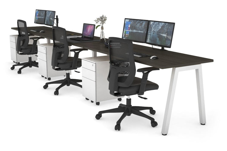 Quadro 3 Person Run Office Workstations [1400L x 700W] Jasonl white leg dark oak 