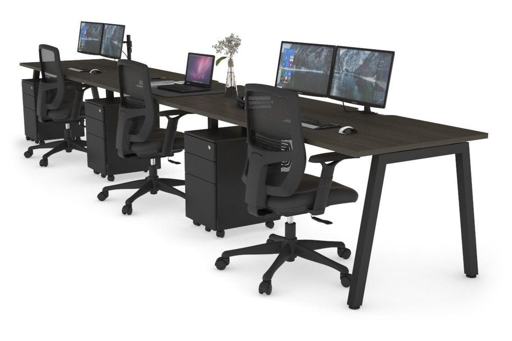 Quadro 3 Person Run Office Workstation [1400L x 800W with Cable Scallop]-black leg dark oak 