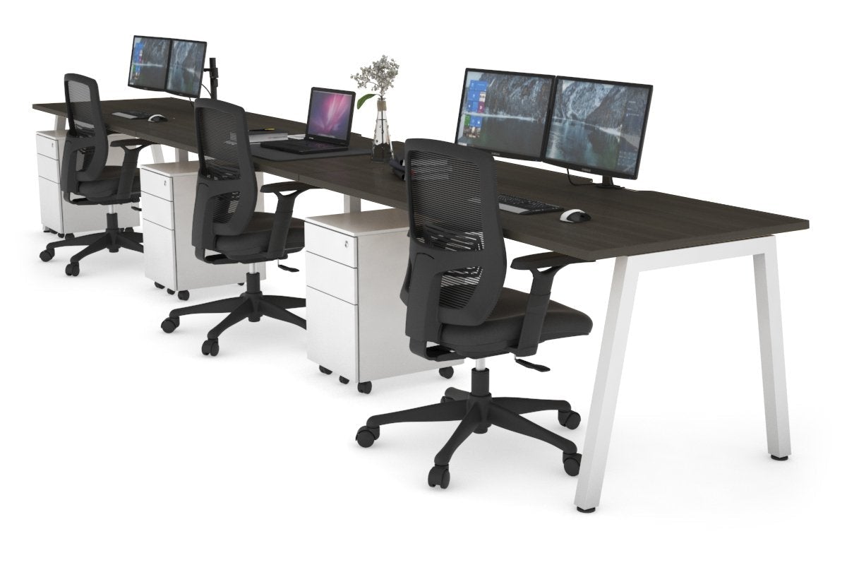 Quadro 3 Person Run Office Workstation [1600L x 800W with Cable Scallop]-white leg dark oak 