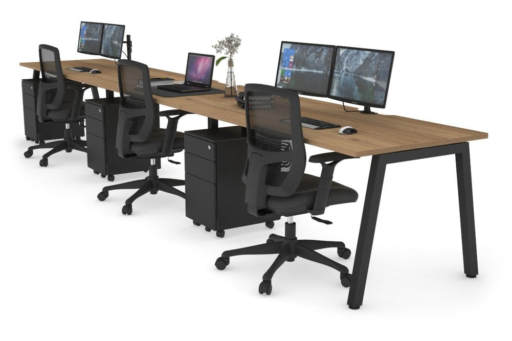 Quadro 3 Person Run Office Workstation [1800L x 800W with Cable Scallop]-black leg salvage oak 