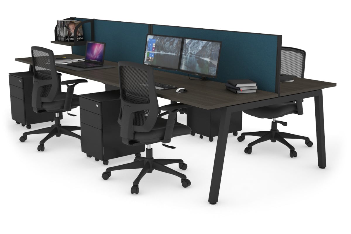 Quadro 4 Person Office Workstations [1200L x 700W] Jasonl black leg dark oak deep blue (500H x 1200W)