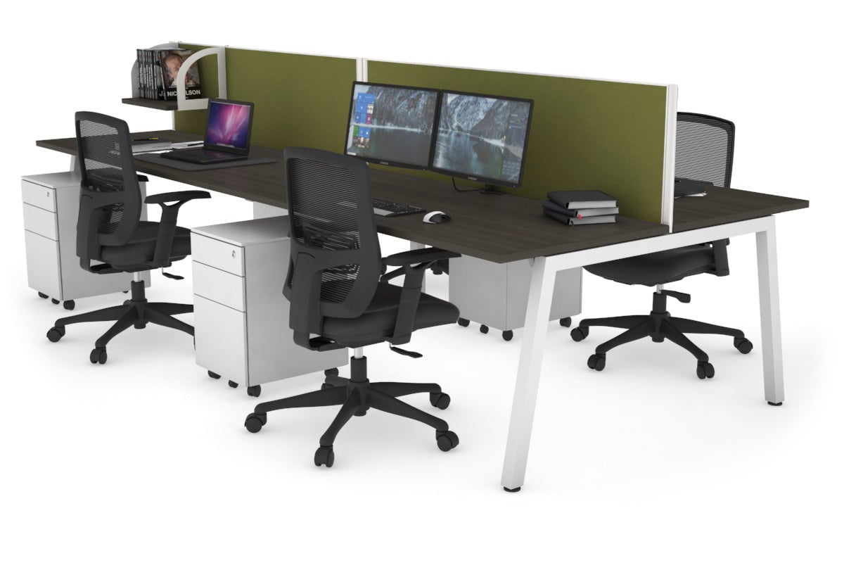 Quadro 4 Person Office Workstations [1200L x 700W] Jasonl white leg dark oak green moss (500H x 1200W)