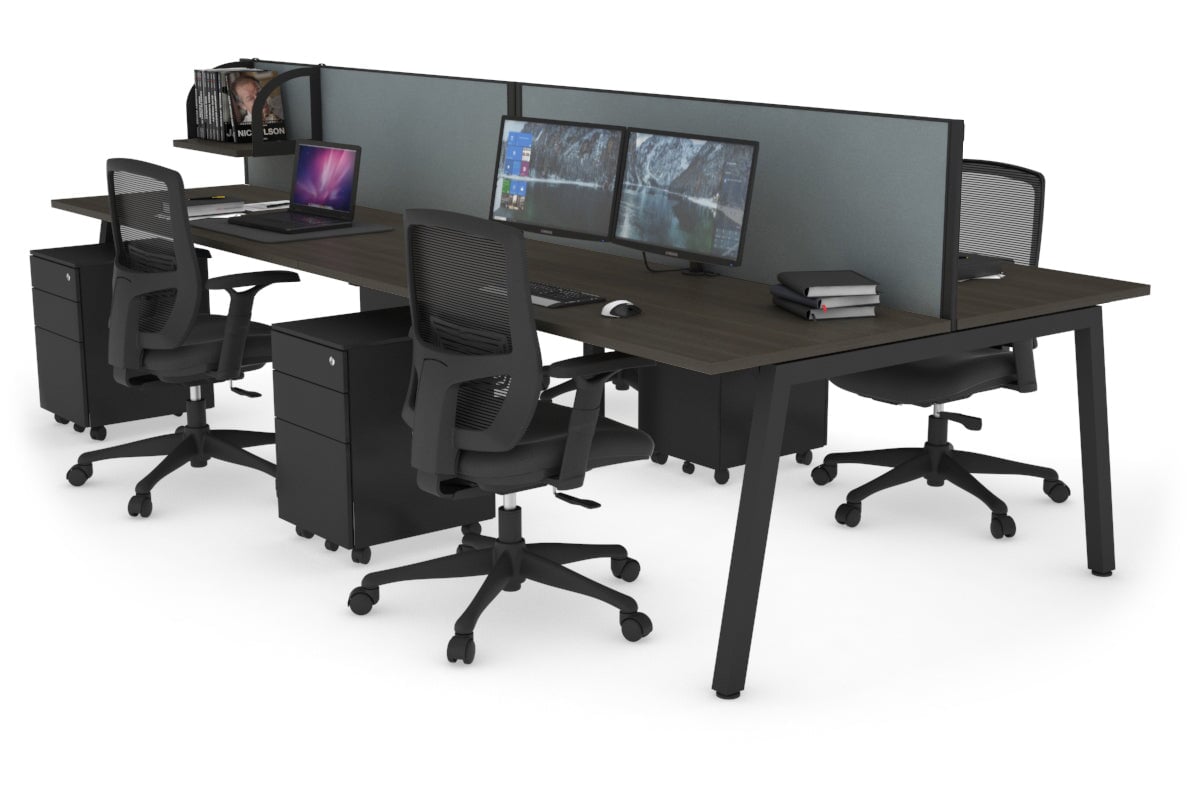 Quadro 4 Person Office Workstations [1200L x 700W] Jasonl black leg dark oak cool grey (500H x 1200W)