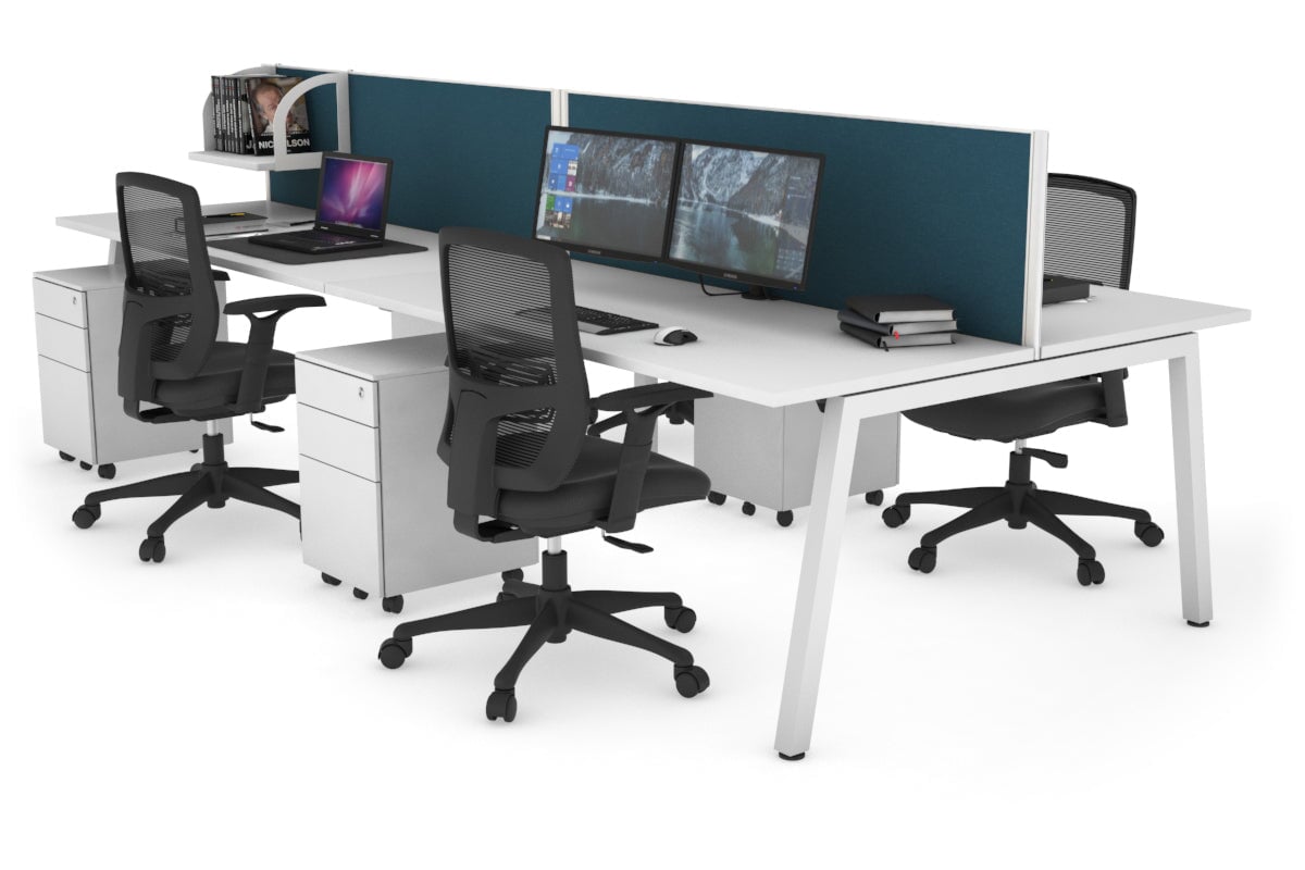 Quadro 4 Person Office Workstations [1200L x 700W] Jasonl white leg white deep blue (500H x 1200W)