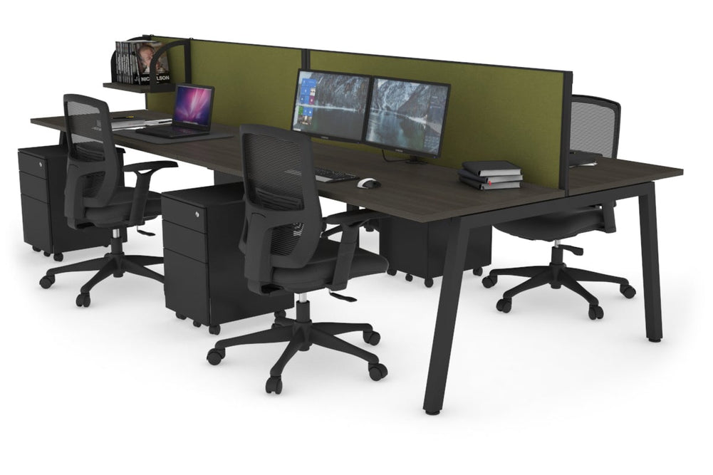 Quadro 4 Person Office Workstation [1200L x 700W]-black leg dark oak green moss (500H x 1200W)