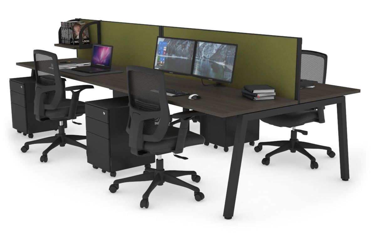 Quadro 4 Person Office Workstations [1200L x 700W] Jasonl black leg dark oak green moss (500H x 1200W)