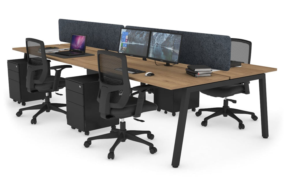 Quadro 4 Person Office Workstation [1200L x 700W]-black leg salvage oak dark grey acoustic panel (400H x 1200W)