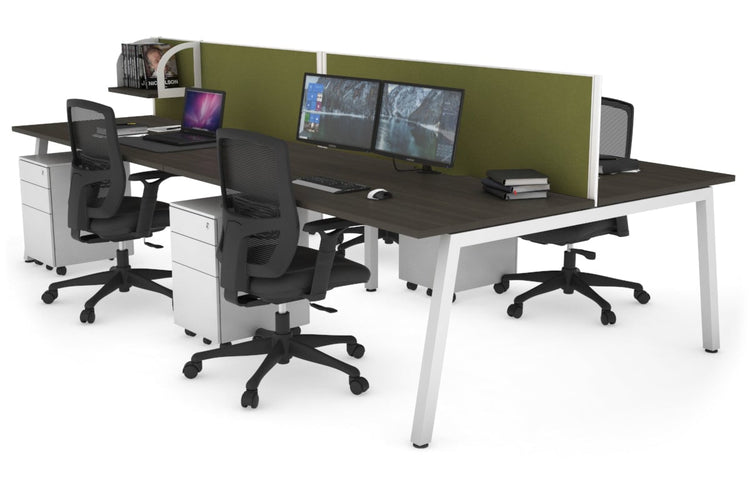 Quadro 4 Person Office Workstations [1200L x 800W with Cable Scallop] Jasonl white leg dark oak green moss (500H x 1200W)