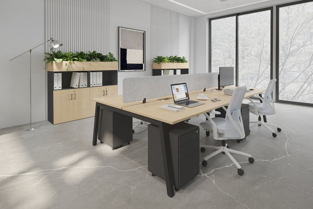 Quadro 4 Person Office Workstation [1200L x 800W with Cable Scallop]-black leg dark oak moody charcoal (500H x 1200W)