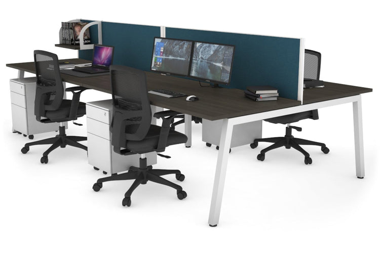 Quadro 4 Person Office Workstations [1200L x 800W with Cable Scallop] Jasonl white leg dark oak deep blue (500H x 1200W)