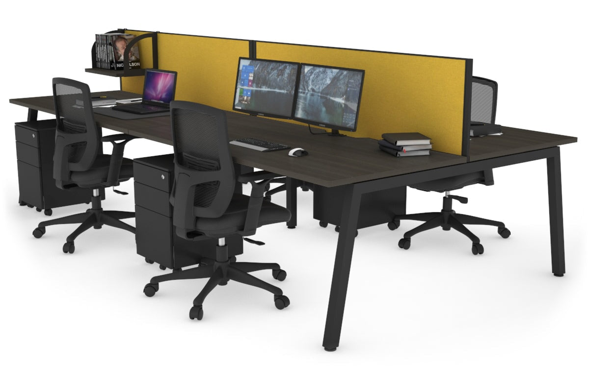 Quadro 4 Person Office Workstations [1200L x 800W with Cable Scallop] Jasonl black leg dark oak mustard yellow (500H x 1200W)