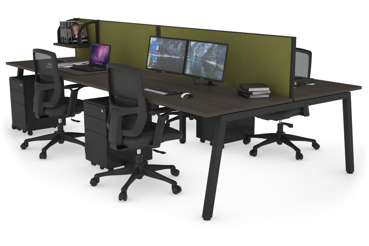 Quadro 4 Person Office Workstations [1200L x 800W with Cable Scallop] Jasonl black leg dark oak green moss (500H x 1200W)