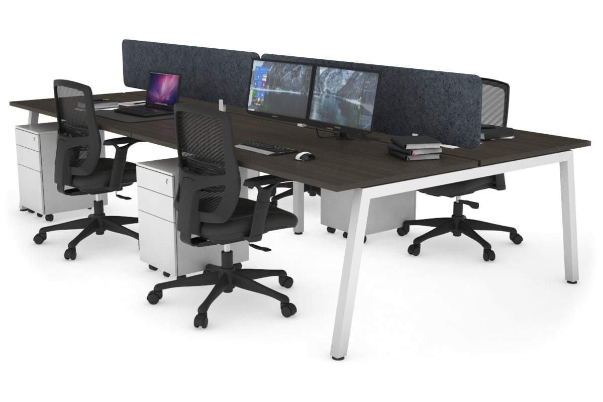 Quadro 4 Person Office Workstations [1200L x 800W with Cable Scallop] Jasonl white leg dark oak dark grey echo panel (400H x 1200W)
