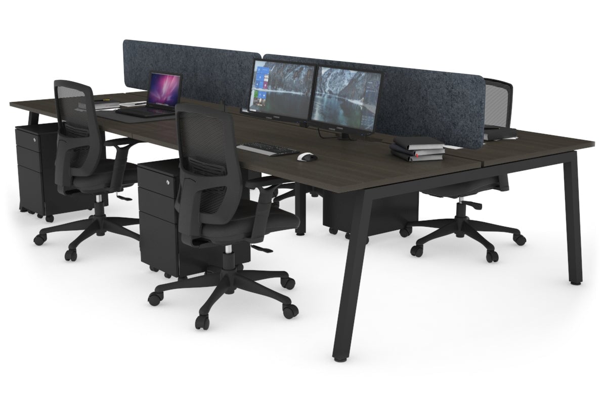 Quadro 4 Person Office Workstations [1200L x 800W with Cable Scallop] Jasonl black leg dark oak dark grey echo panel (400H x 1200W)