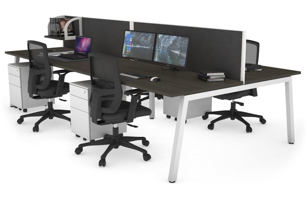 Quadro 4 Person Office Workstations [1200L x 800W with Cable Scallop] Jasonl white leg dark oak moody charcoal (500H x 1200W)