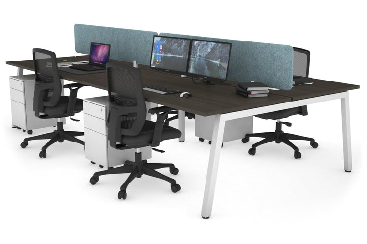 Quadro 4 Person Office Workstations [1200L x 800W with Cable Scallop] Jasonl white leg dark oak blue echo panel (400H x 1200W)