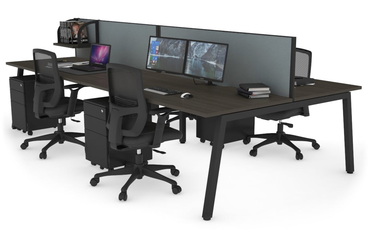 Quadro 4 Person Office Workstations [1200L x 800W with Cable Scallop] Jasonl black leg dark oak cool grey (500H x 1200W)