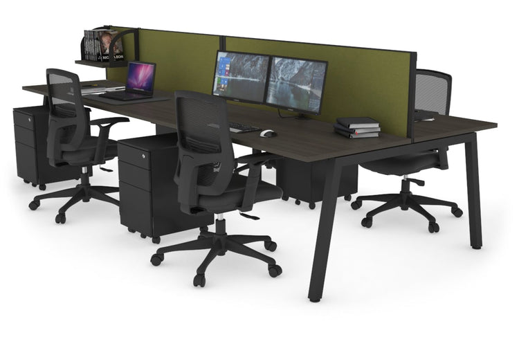 Quadro 4 Person Office Workstations [1400L x 700W] Jasonl black leg dark oak green moss (500H x 1400W)
