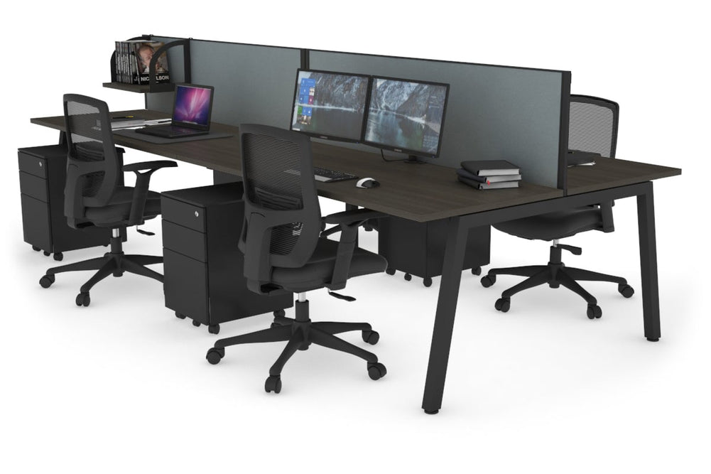 Quadro 4 Person Office Workstation [1400L x 700W]-black leg dark oak cool grey (500H x 1400W)