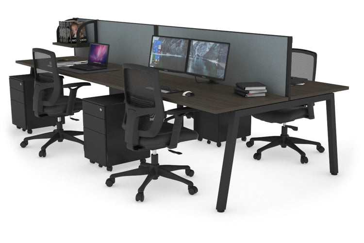 Quadro 4 Person Office Workstations [1400L x 700W] Jasonl black leg dark oak cool grey (500H x 1400W)