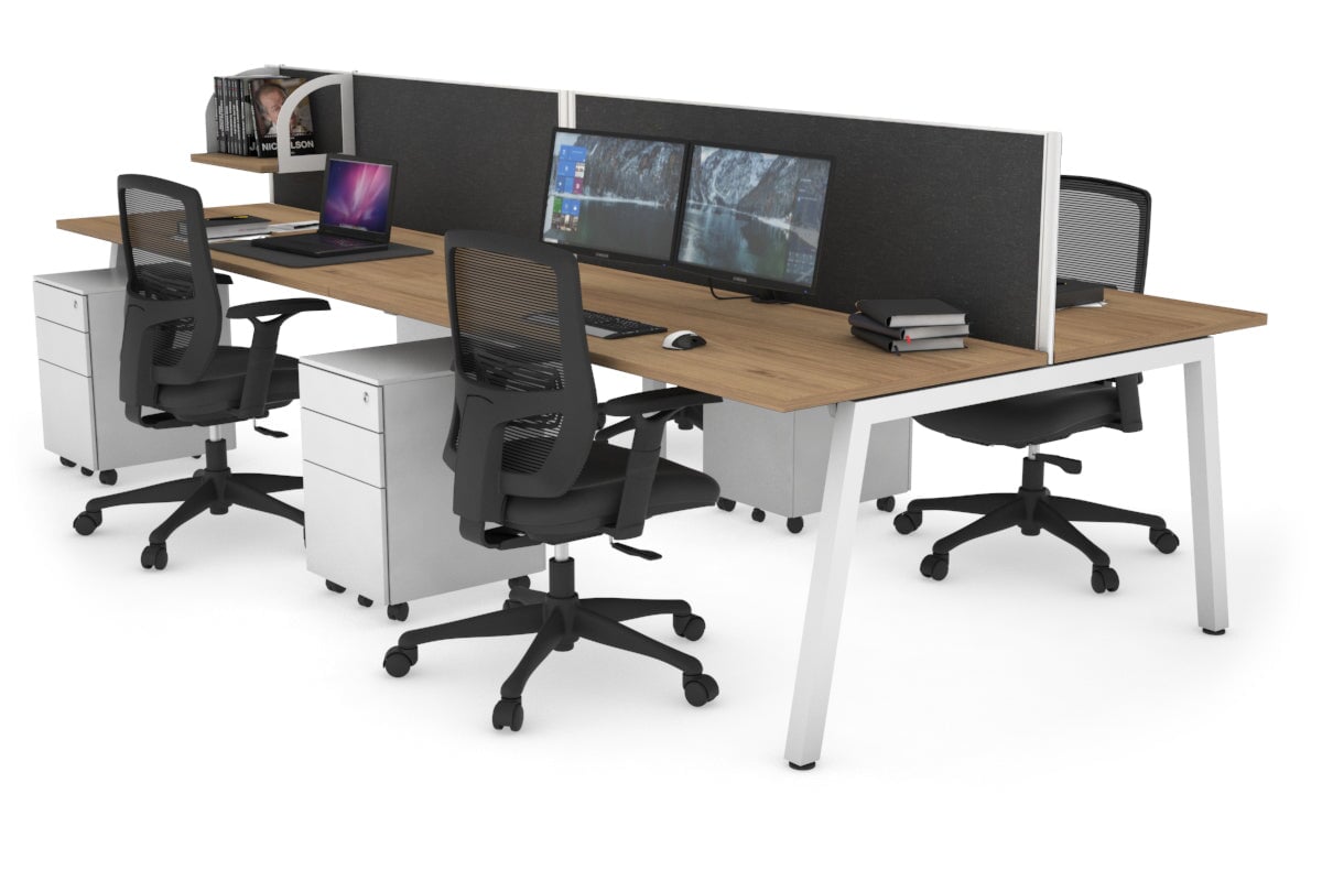 Quadro 4 Person Office Workstations [1400L x 700W] Jasonl white leg salvage oak moody charcoal (500H x 1400W)