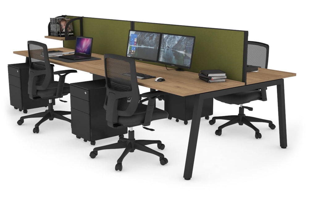 Quadro 4 Person Office Workstation [1400L x 700W]-black leg salvage oak green moss (500H x 1400W)