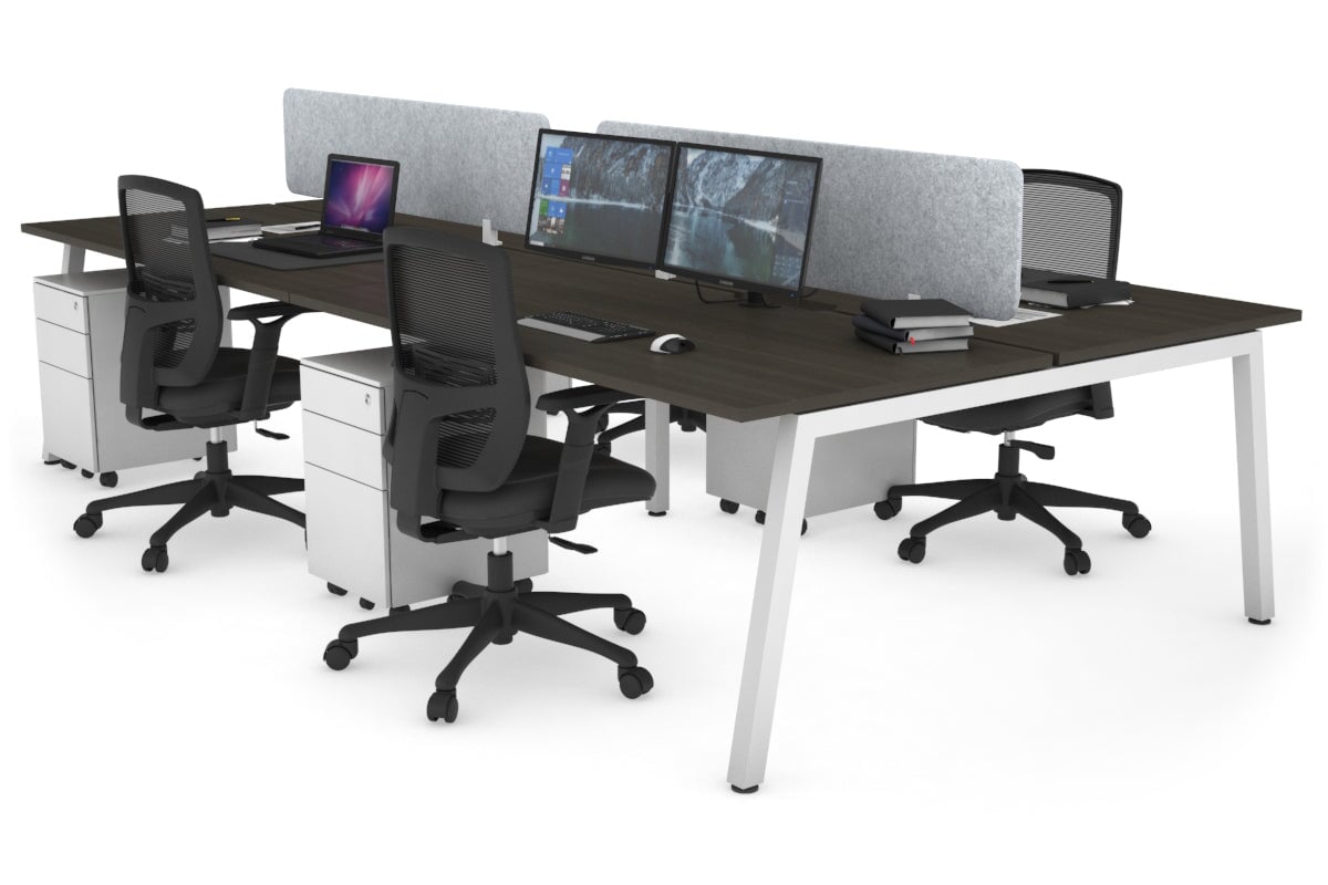 Quadro 4 Person Office Workstations [1400L x 700W] Jasonl white leg dark oak light grey echo panel (400H x 1200W)