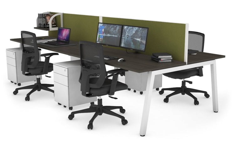 Quadro 4 Person Office Workstations [1400L x 700W] Jasonl white leg dark oak green moss (500H x 1400W)