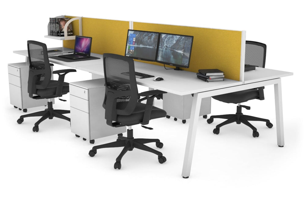Quadro 4 Person Office Workstation [1400L x 700W]-white leg white mustard yellow (500H x 1400W)