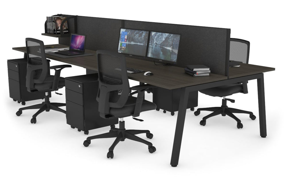 Quadro 4 Person Office Workstation [1400L x 700W]-black leg dark oak moody charcoal (500H x 1400W)