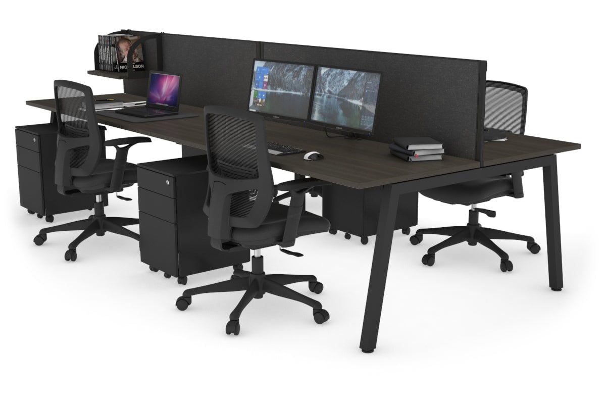 Quadro 4 Person Office Workstations [1400L x 700W] Jasonl black leg dark oak moody charcoal (500H x 1400W)