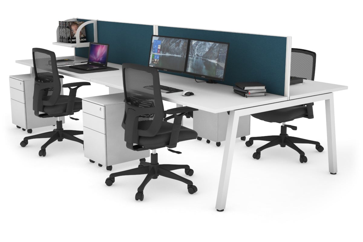 Quadro 4 Person Office Workstations [1400L x 700W] Jasonl white leg white deep blue (500H x 1400W)