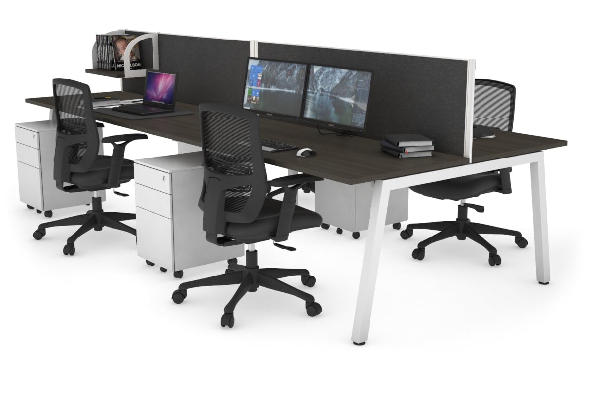 Quadro 4 Person Office Workstations [1400L x 700W] Jasonl white leg dark oak moody charcoal (500H x 1400W)