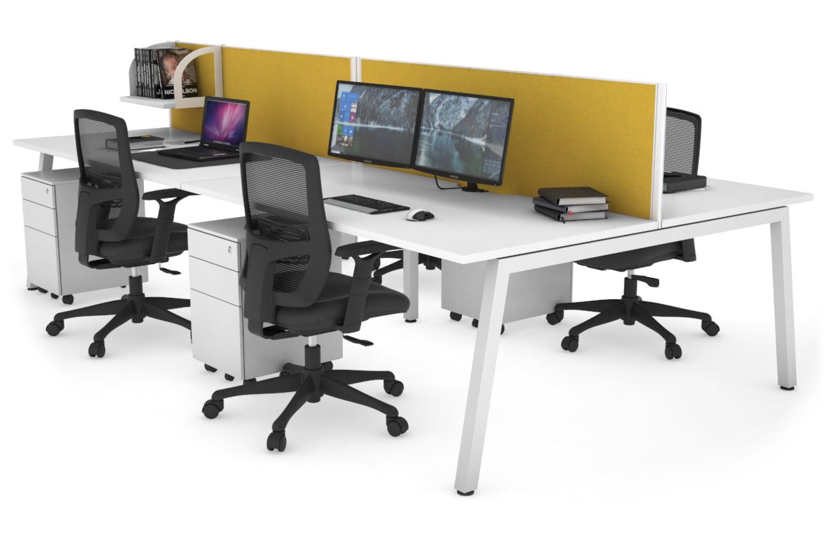 Quadro 4 Person Office Workstations [1400L x 800W with Cable Scallop] Jasonl white leg white mustard yellow (500H x 1400W)