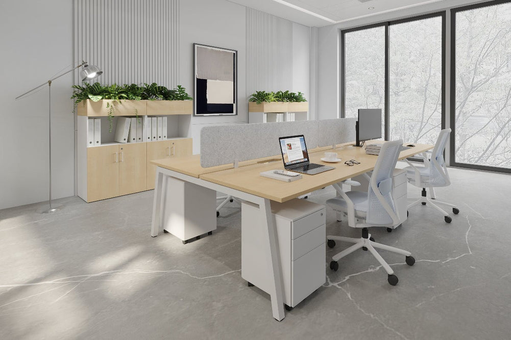 Quadro 4 Person Office Workstation [1400L x 800W with Cable Scallop]-black leg dark oak moody charcoal (500H x 1400W)