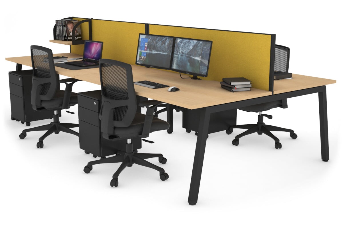 Quadro 4 Person Office Workstations [1400L x 800W with Cable Scallop] Jasonl black leg maple mustard yellow (500H x 1400W)