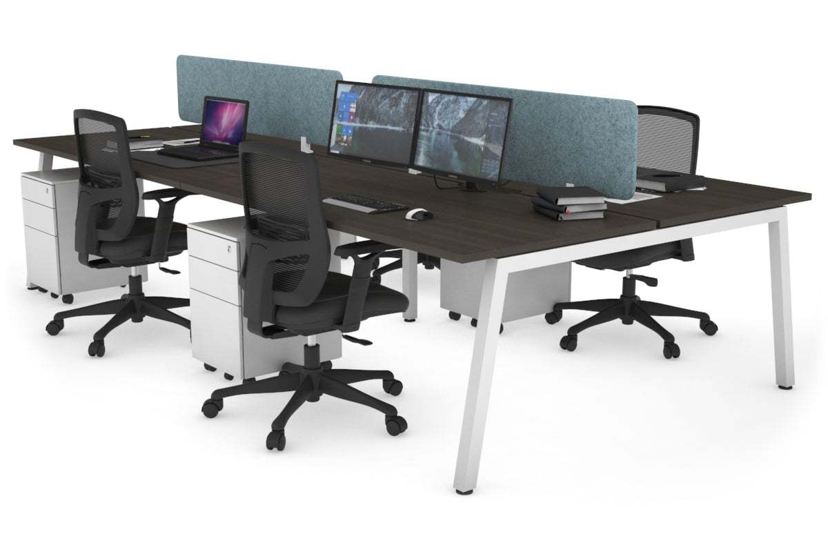 Quadro 4 Person Office Workstations [1400L x 800W with Cable Scallop] Jasonl white leg dark oak blue echo panel (400H x 1200W)