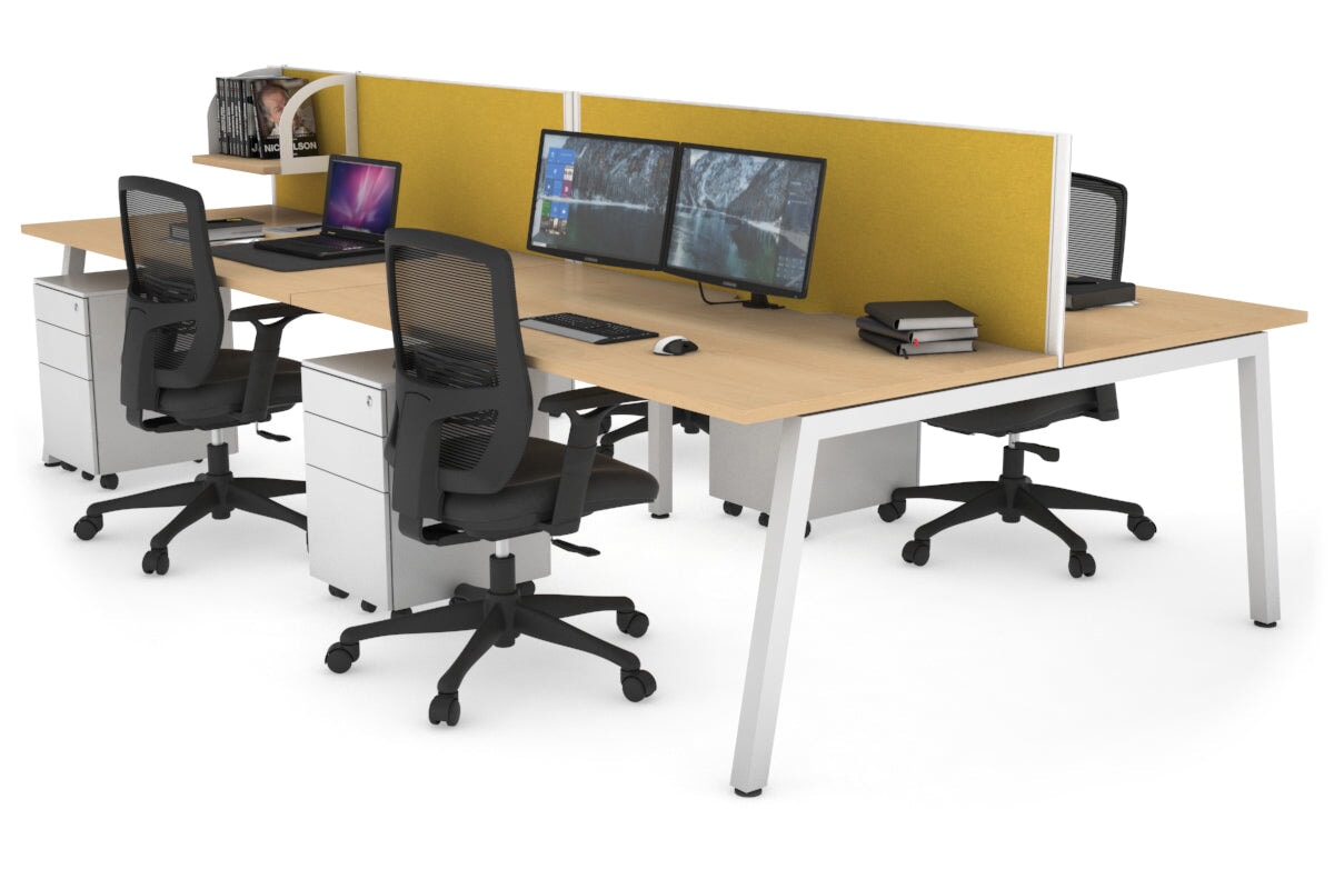 Quadro 4 Person Office Workstations [1400L x 800W with Cable Scallop] Jasonl white leg maple mustard yellow (500H x 1400W)