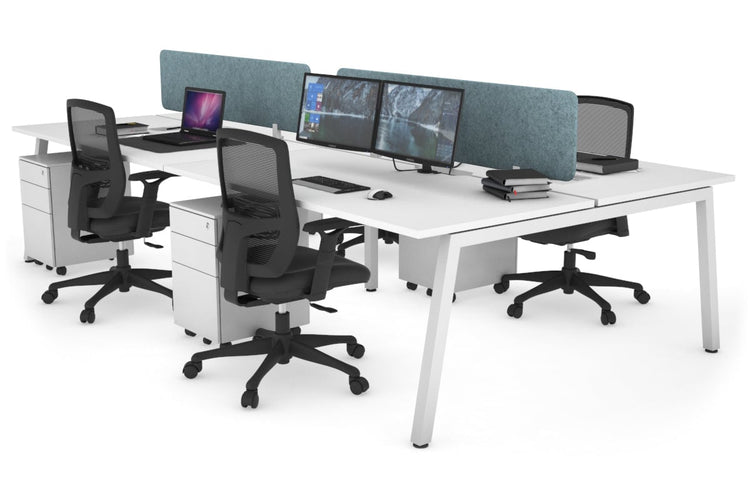 Quadro 4 Person Office Workstations [1400L x 800W with Cable Scallop] Jasonl white leg white blue echo panel (400H x 1200W)