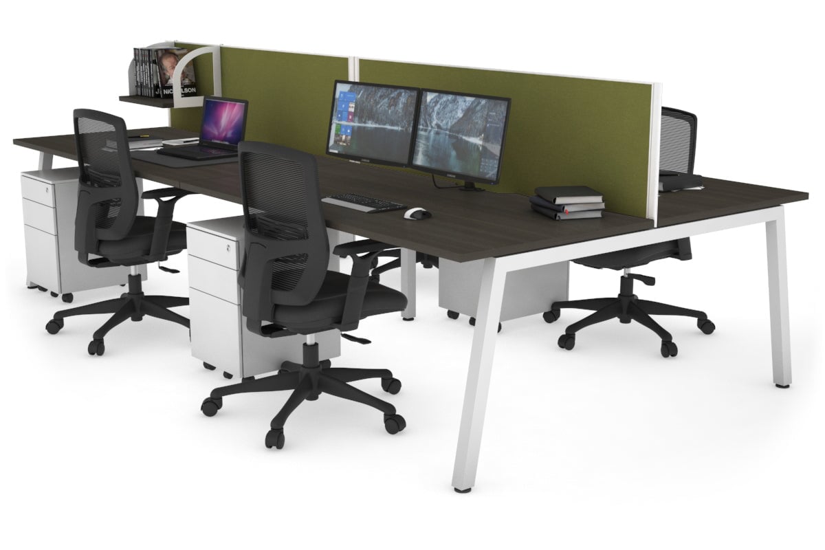 Quadro 4 Person Office Workstations [1400L x 800W with Cable Scallop] Jasonl white leg dark oak green moss (500H x 1400W)