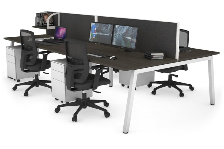 Quadro 4 Person Office Workstations [1400L x 800W with Cable Scallop] Jasonl white leg dark oak moody charcoal (500H x 1400W)