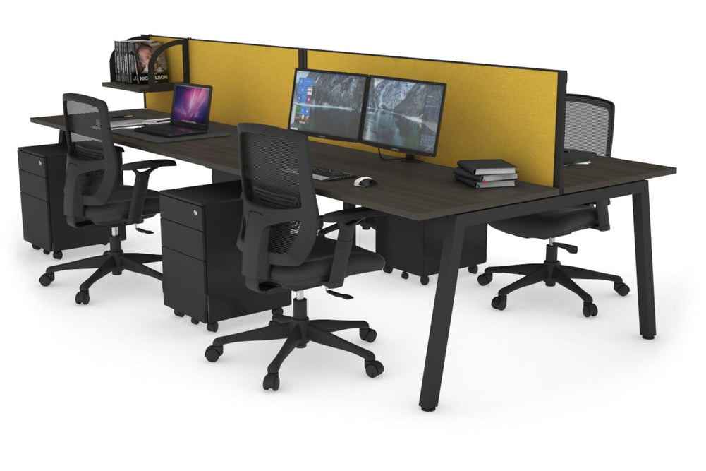 Quadro 4 Person Office Workstation [1600L x 700W]-black leg dark oak mustard yellow (500H x 1600W)